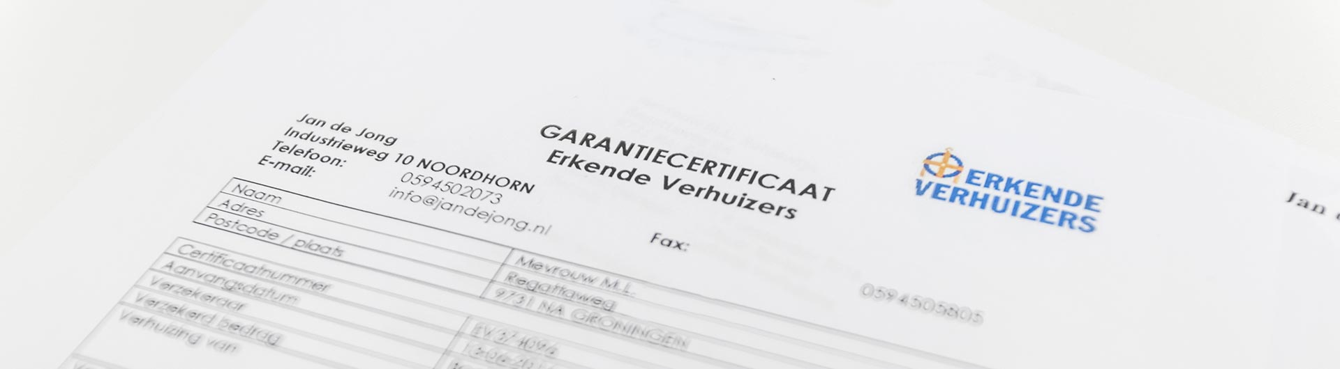 Garantiecertificaat Jan de Jong Verhuizingen